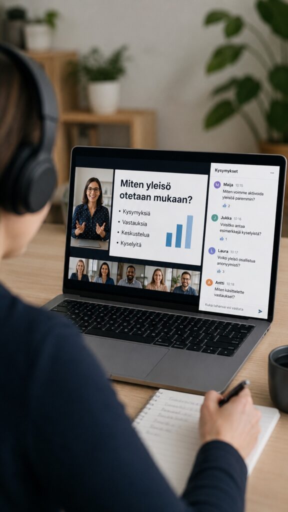 Katsojien kysymyksiä webinaarin chat-ikkunassa.